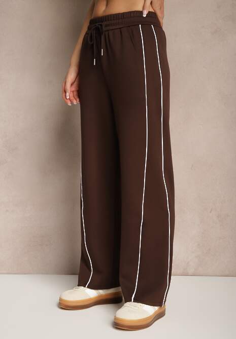 Brązowe Spodnie Dresowe z Bawełną o Szerokim Kroju High Waist z Paskami Salliara 4
