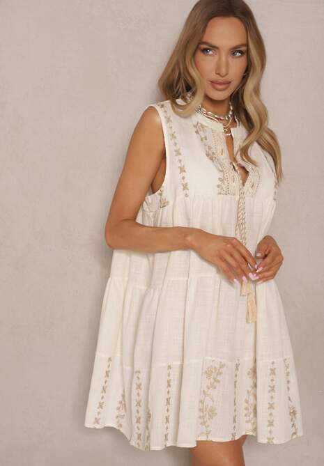 Beżowa Rozkloszowana Sukienka Boho z Wiskozą Zdobiona Haftem i Wiązaniem Valhiris 4