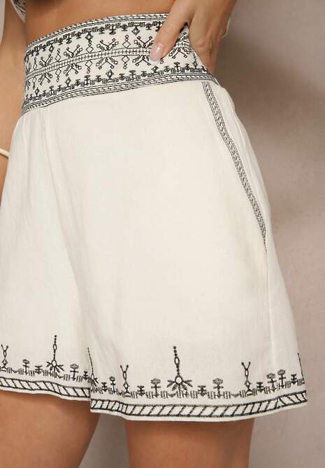 Czarno-Kremowe Szorty High Waist z Bawełny z Ozdobnym Haftem Korimizza 5