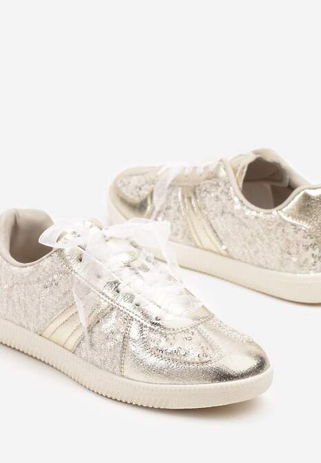 Złote Cekinowe Sneakersy z Wkładką ze Skóry Naturalnej Polwia 6