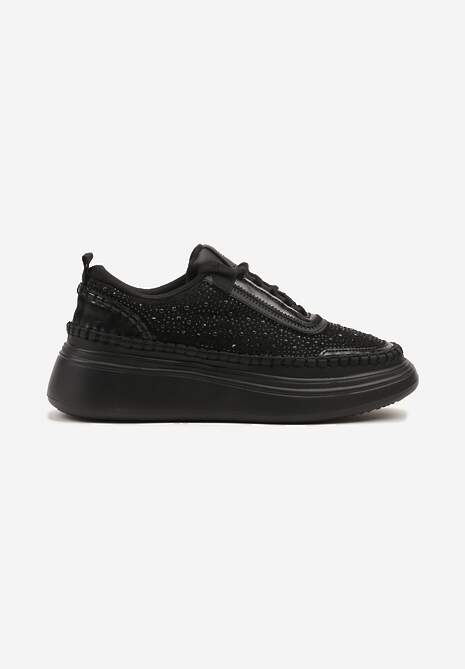 Czarne Sneakersy na Platformie z Wkładką ze Skóry Naturalnej z Cyrkoniami Arvisne 4