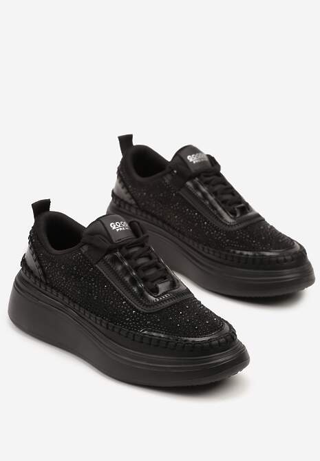 Czarne Sneakersy na Platformie z Wkładką ze Skóry Naturalnej z Cyrkoniami Arvisne 5