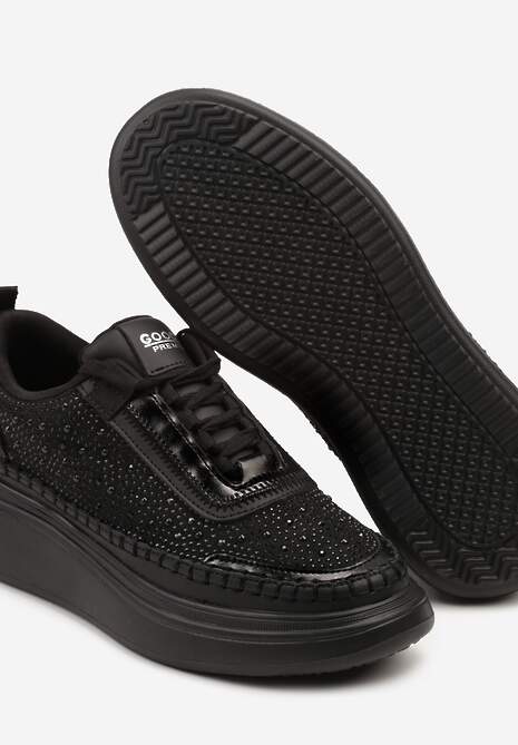 Czarne Sneakersy na Platformie z Wkładką ze Skóry Naturalnej z Cyrkoniami Arvisne 6