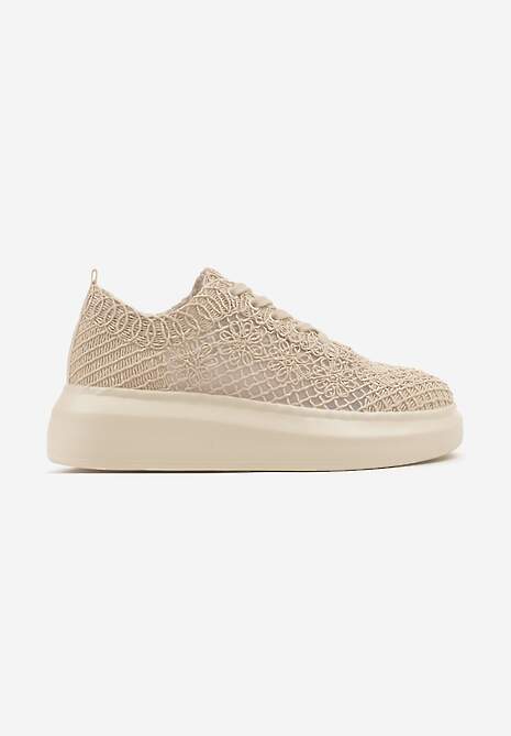Beżowe Sneakersy Typu Tenisówki z Ażurową Cholewką i Skórzaną Wkładką Sonelis 4
