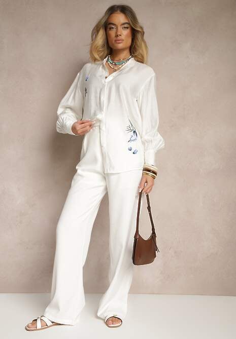 Biała Klasyczna Koszula z Wiskozą z Haftowanymi Zdobieniami Korolena 5