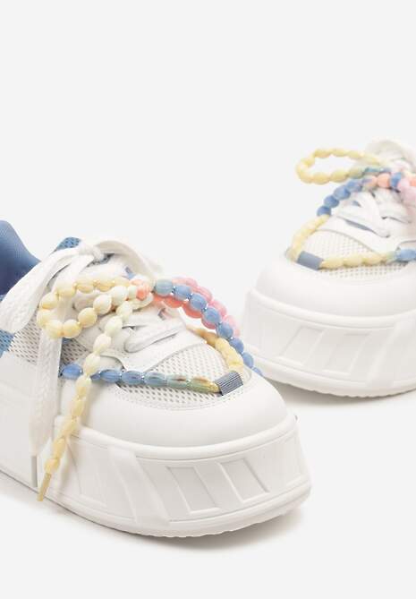 Niebiesko-Białe Sneakersy na Platformie Ozdobione Koralikami Isivisa 6