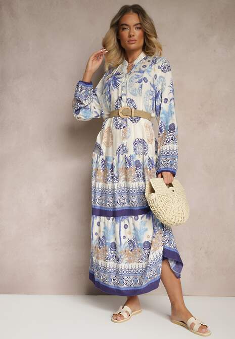 Niebieska Sukienka z Wiskozy Rozkloszowana w Print Boho Aedia