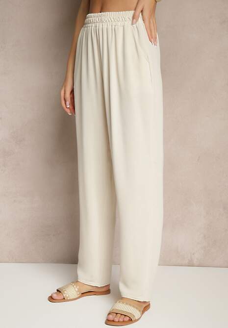 Jasnobeżowe Spodnie z Bawełną o Szerokim Kroju High Waist Fanelithia 4