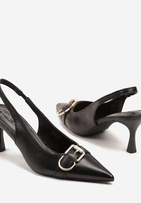 Czarne Sandały na Szpilce Slingback Ozdobione Metaliczną Klamrą Zeornna 6
