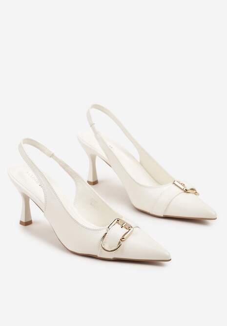 Białe Sandały na Szpilce Slingback Ozdobione Metaliczną Klamrą Zeornna 5