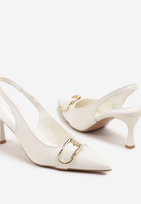 Białe Sandały na Szpilce Slingback Ozdobione Metaliczną Klamrą Zeornna 6