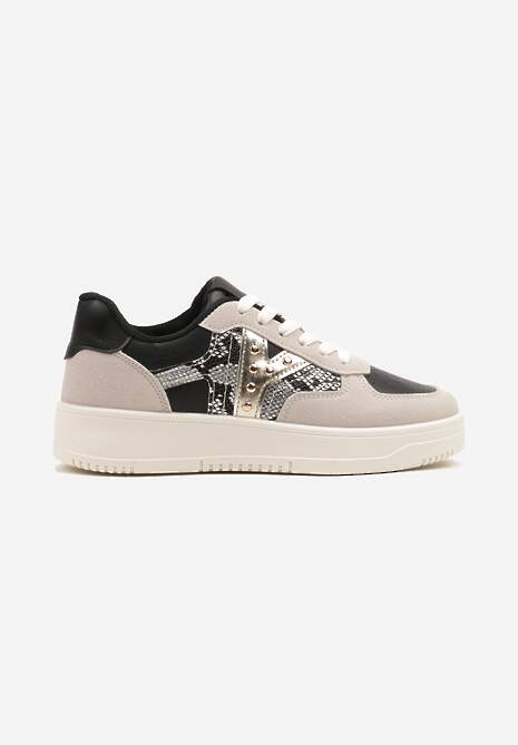 Czarno-Beżowe Sneakersy Zdobione Metaliczną Aplikacją i Imitacją Skóry Węża Sarivane 4