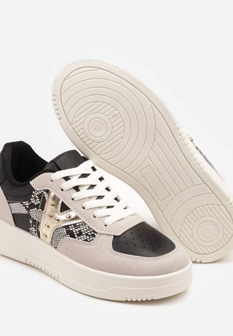 Czarno-Beżowe Sneakersy Zdobione Metaliczną Aplikacją i Imitacją Skóry Węża Sarivane 6