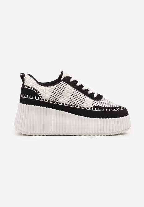 Czarno-Białe Sneakersy na Tłoczonej Platformie z Ozdobnymi Przeszyciami Faloviela 4