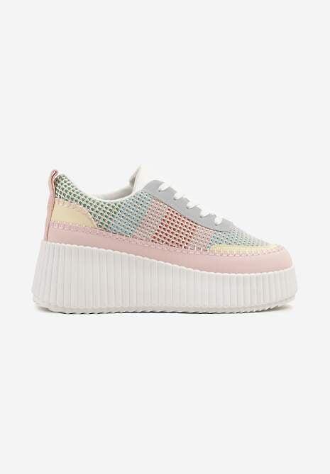 Różowo-Niebieskie Sneakersy na Tłoczonej Platformie z Ozdobnymi Przeszyciami Faloviela 4