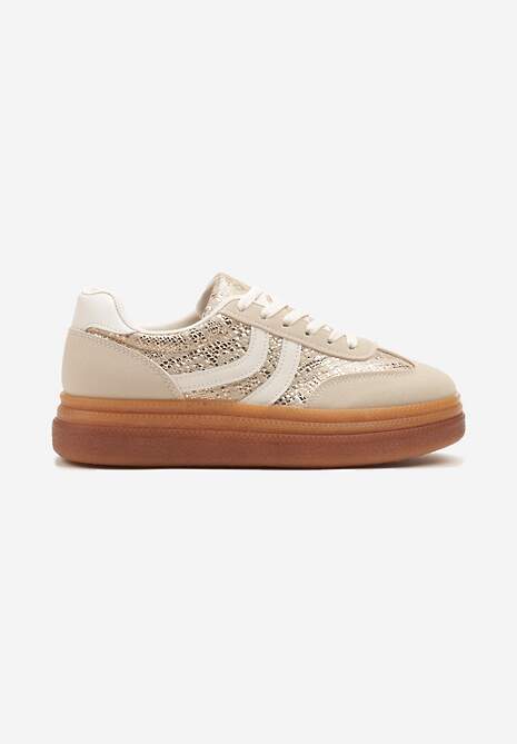 Beżowe Wężowe Sneakersy Typu Kultowe Tenisówki na Niskiej Platformie Olritia 4