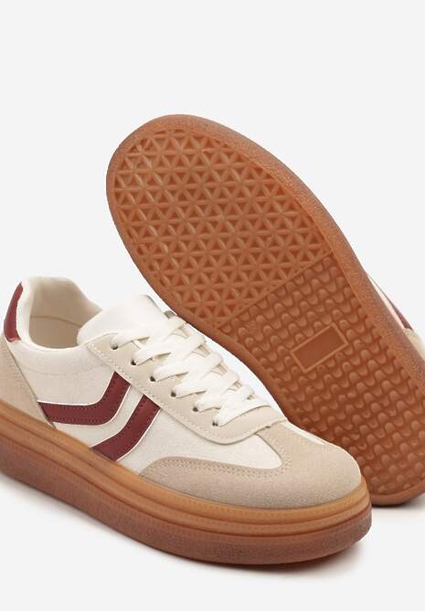 Beżowo-Bordowe Sneakersy Typu Kultowe Tenisówki na Niskiej Platformie Olritia 6