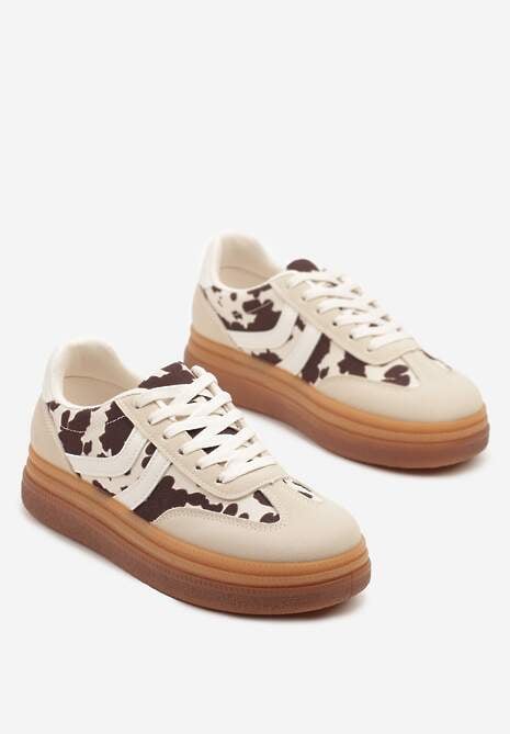 Beżowo-Brązowe Sneakersy Tenisówki Ozdobione Wzorem w Łaty Polliane 5