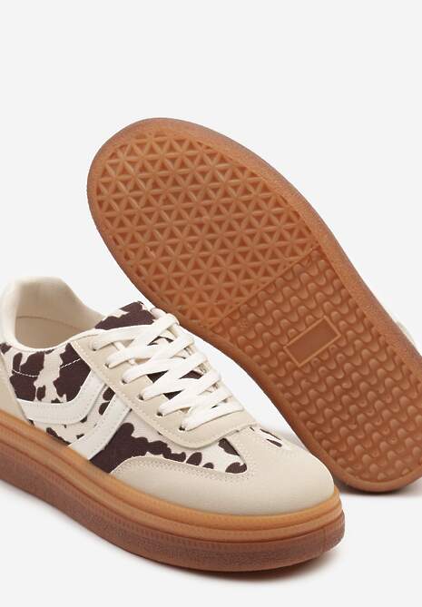 Beżowo-Brązowe Sneakersy Tenisówki Ozdobione Wzorem w Łaty Polliane 6