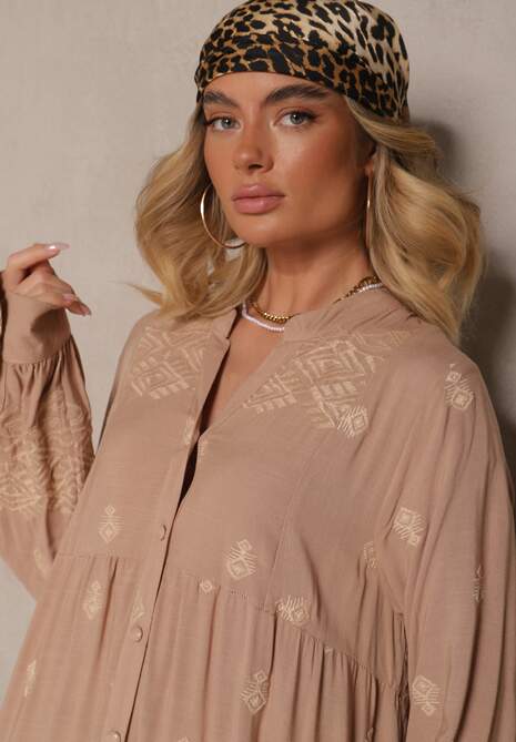 Jasnobeżowa Rozkloszowana Sukienka Ozdobiona Haftem i Wzorem Boho Ronavere 5
