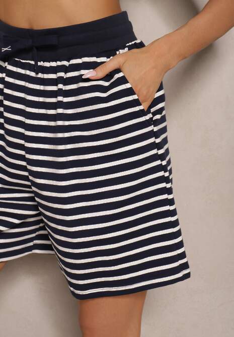 Granatowe Bawełniane Szorty High Waist w Paski Ridiaress 5