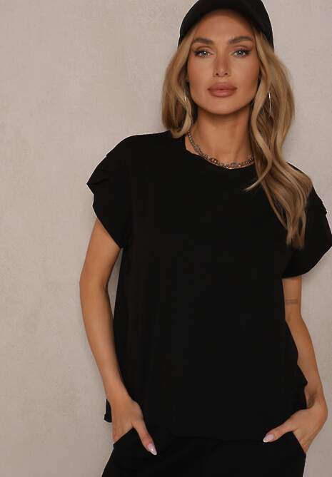 Czarny Bawełniany T-shirt z Rozcięciami przy Rękawach Katilana 4
