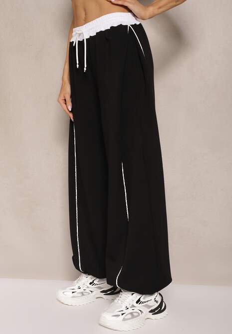 Czarne Dresowe Spodnie z Wiskozą High Waist Ozdobione Lampasami Maiviona 4