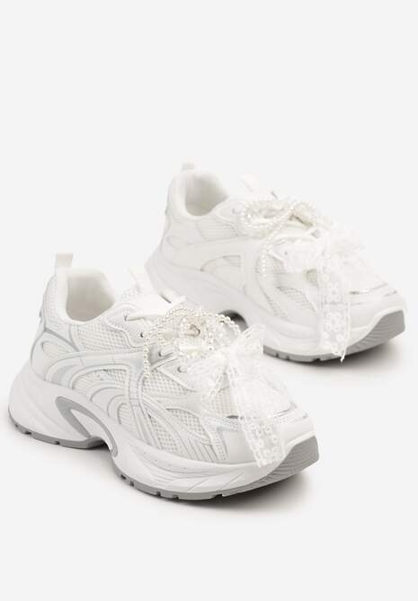 Białe Sneakersy z Koralikami Kokardą i Geometrycznym Wzorem Sarivela 5