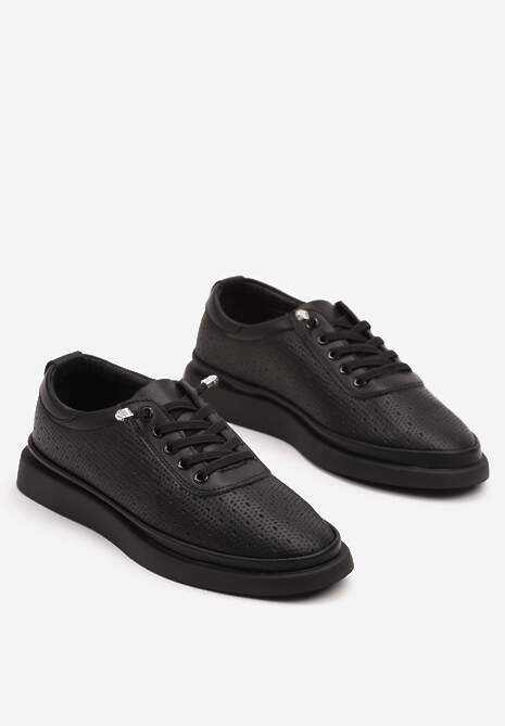 Czarne Sneakersy Skórzane z Perforacją i Ozdobą Neorielina 5
