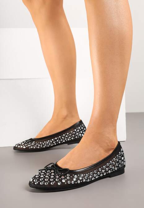 Czarne Siateczkowe Balerinki z Paskiem z Błyszczącymi