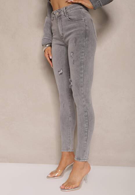 Jasnoszare Jeansy o Fasonie Skinny High Waist z Ozdobnymi Przetarciami Lililiane 4