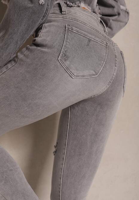 Jasnoszare Jeansy o Fasonie Skinny High Waist z Ozdobnymi Przetarciami Lililiane 5