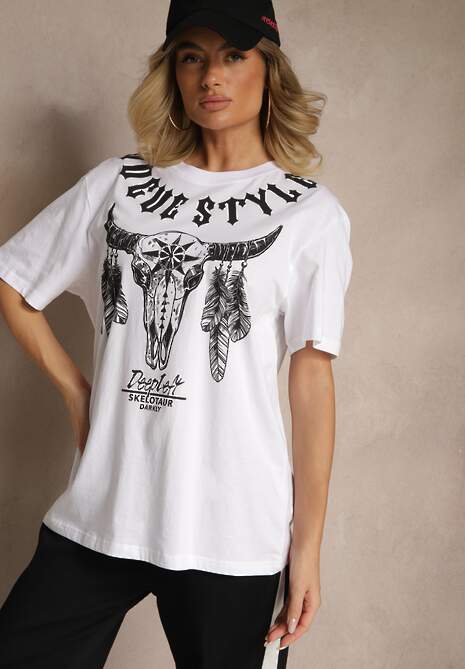 Biała Koszulka T-shirt Bawełniany z Ozdobnym Nadrukiem Napene 4