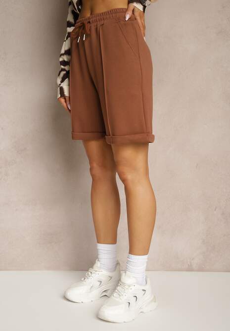 Brązowe Casualowe Szorty High Waist z Kieszeniami Wykończone Gumką Shezetta 4