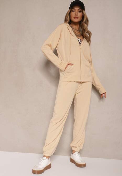 Beżowy Komplet Dresowy z Bluzą z Kapturem i Spodniami z Gumką w Pasie Typu Jogger Tellgana