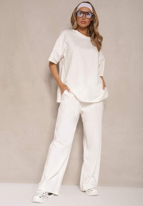 Jasnobeżowy Komplet z Bawełny T-shirt z Rozcięciami i Spodnie o Szerokim Kroju Elpiola