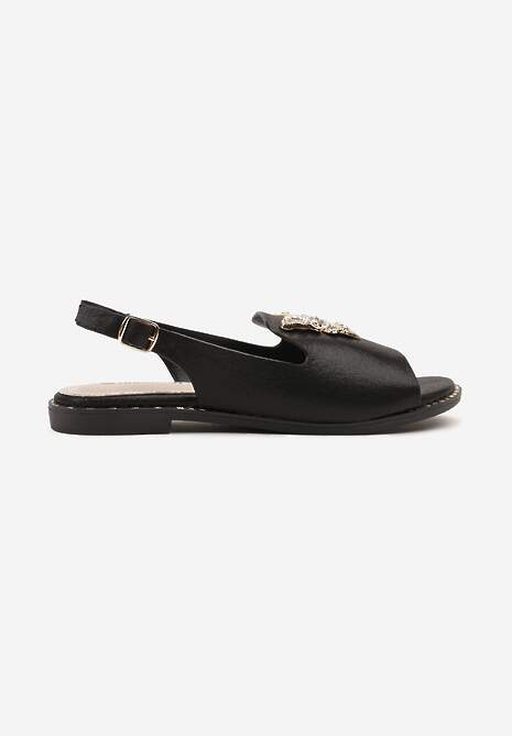 Czarne Sandały Slingback ze Skórzaną Wkładką i Cyrkoniową Aplikacją z Motylem Idirane 4