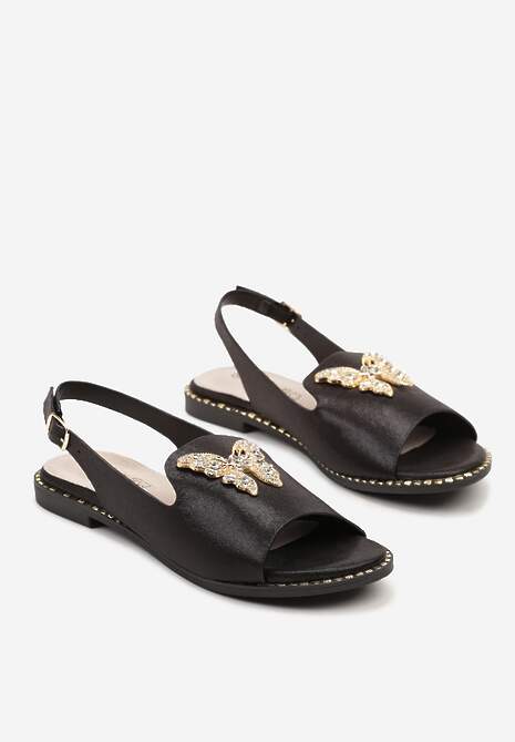 Czarne Sandały Slingback ze Skórzaną Wkładką i Cyrkoniową Aplikacją z Motylem Idirane 5