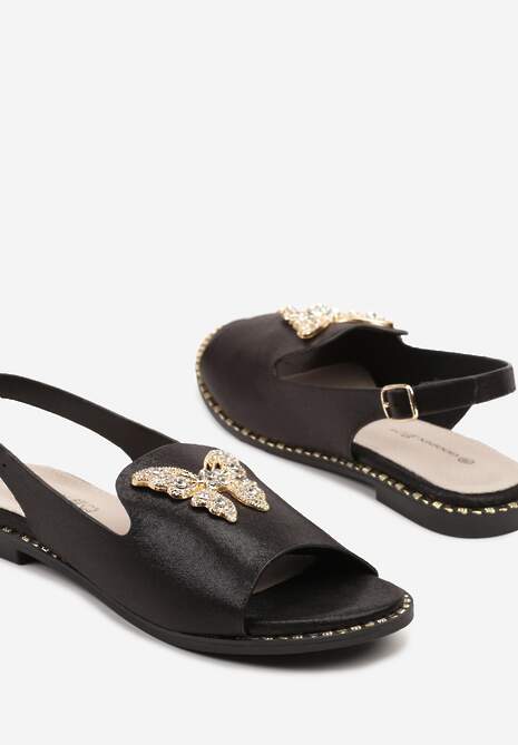 Czarne Sandały Slingback ze Skórzaną Wkładką i Cyrkoniową Aplikacją z Motylem Idirane 6
