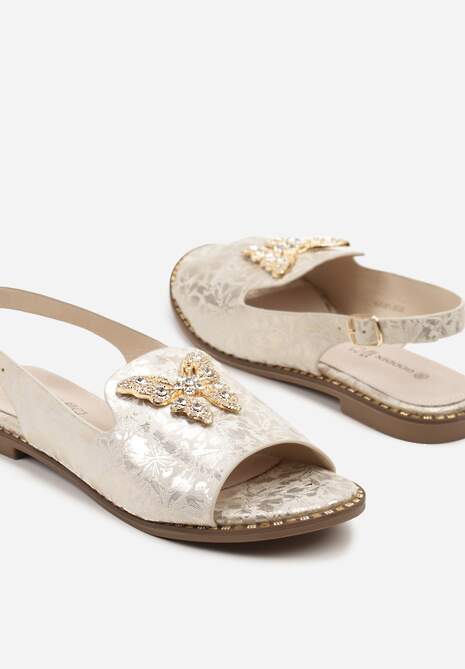 Jasnobeżowe Sandały Slingback ze Skórzaną Wkładką i Cyrkoniową Aplikacją z Motylem Idirane 6