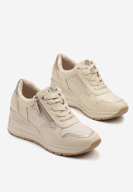 Beżowe Metaliczne Sneakersy ze Skóry Naturalnej na Koturnie z Ozdobnym Suwakiem Tarivone 5