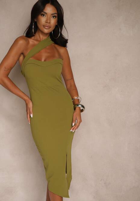 Jasnozielona Koktajlowa Sukienka Typu Bodycon o Asymetrycznym Kroju Haliannea 4