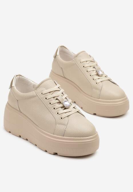 Beżowe Sneakersy Skórzane na Platformie z Metaliczną Ozdobą Rivzekia 5