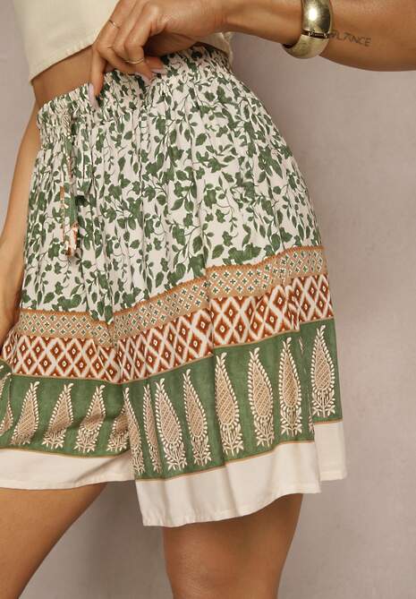 Ciemnozielone Szorty z Bawełny High Waist Ozdobione Kwiatami Kolirea 5