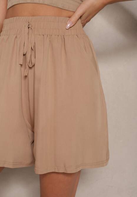 Beżowe Szorty z Bawełny High Waist Ozdobione Wiązaniem Selmio 5