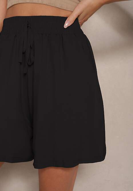 Czarne Szorty z Bawełny High Waist Ozdobione Wiązaniem Selmio 5