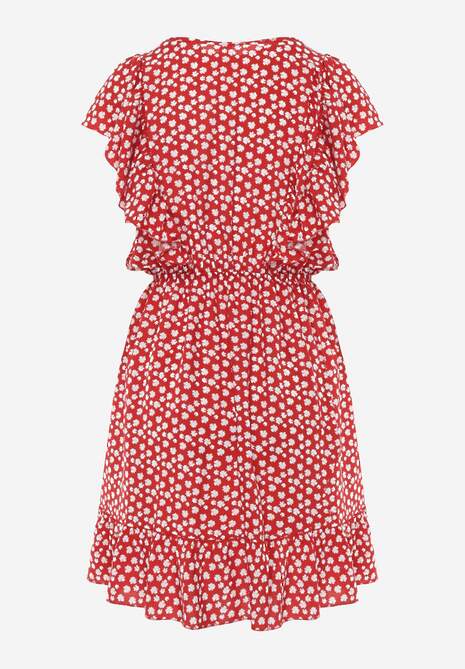 Czerwona Bawełniana Sukienka o Rozkloszowanym Kroju z Guzikami w Kwiatowy Wzór Roniva 7