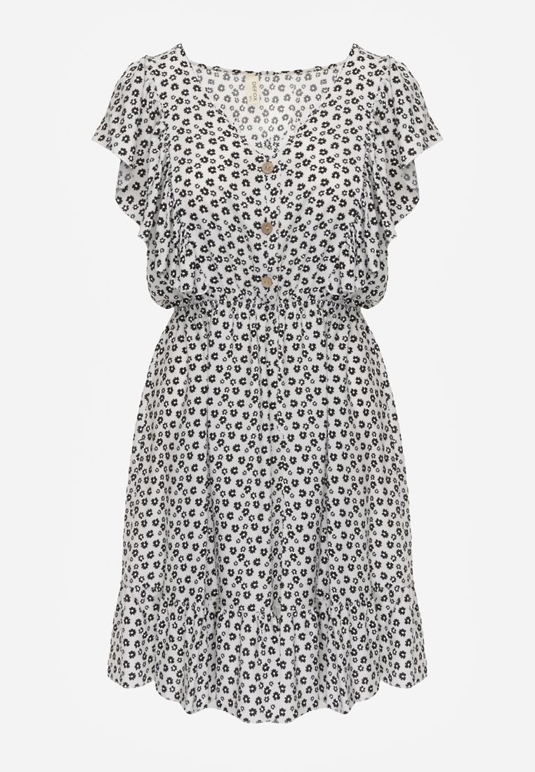 Rochie Albă Din Bumbac cu o croială evazată cu nasturi cu model floral ...
