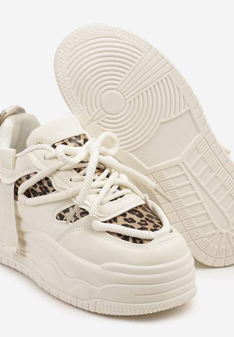 Beżowo-Panterkowe Sneakersy w Streetwearowym Stylu na Tłoczonej Platformie z Brokatem Mailienne 6