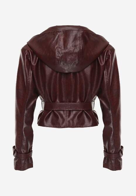 Bordowa Kurtka z Ekoskóry o Krótkim Kroju w Stylu Trencza z Paskiem i Kapturem Nilassiela 7